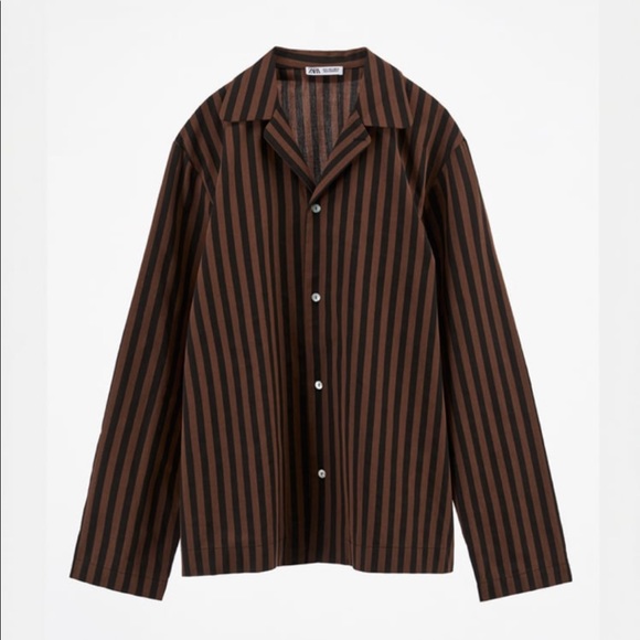 ZARA Striped Black + Brown Cotton Button Down Blouse - Picture 2 of 6